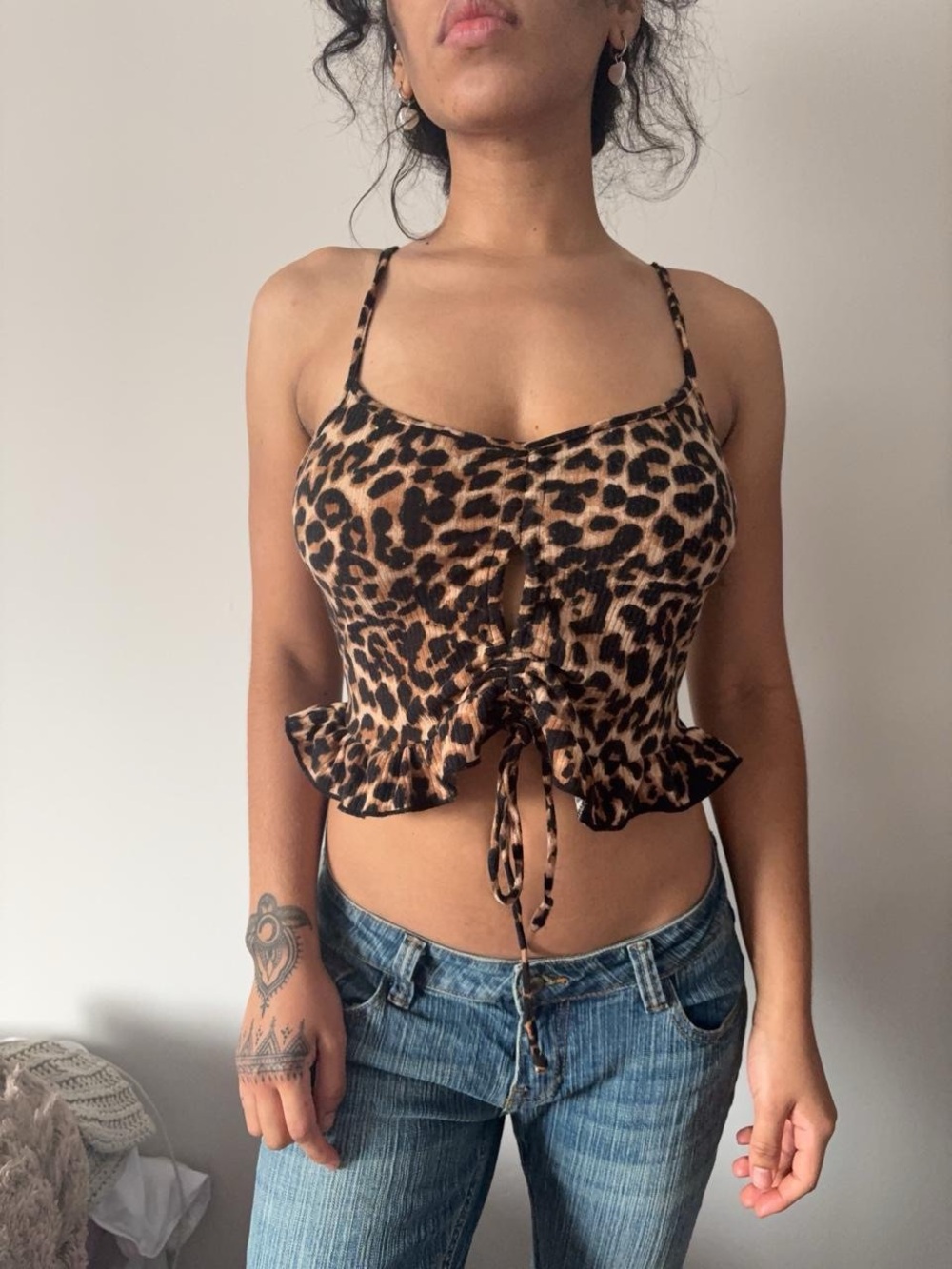 Leopard Print Tie-Front Crop Top in Brown